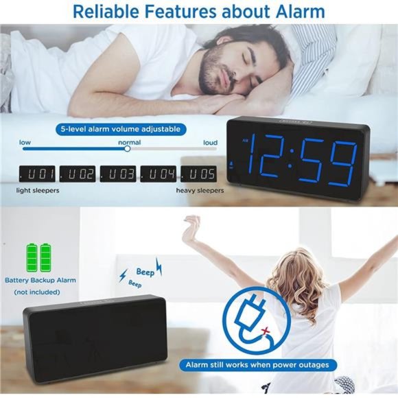 Digital Clock Alarm Clock for Bedrooms Large Big Numbers 5 Dimmers for Seniors - Picture 4 of 6
